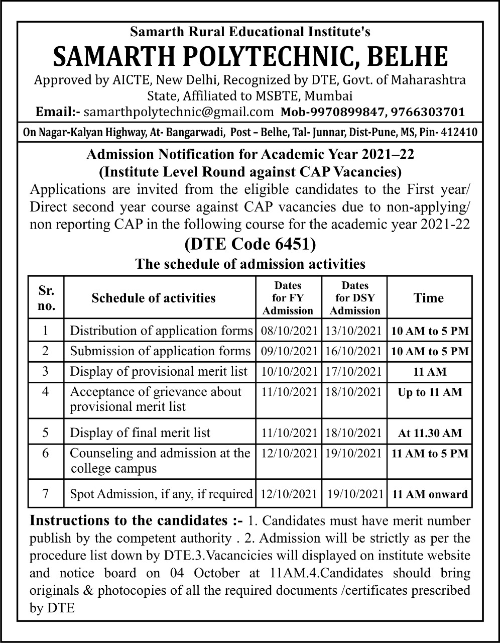 Institute Level Polytechnic Admission Open – Samarth Group Of Institute